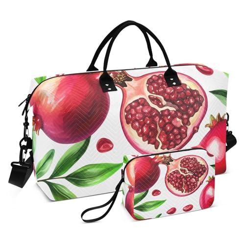 Red Fruits Watercolor Pomegranates Duffle Bag Women Travel & Makeup Pouch Set, Fashion Women Carry on Bags for Airplanes Garment Duffle Bag