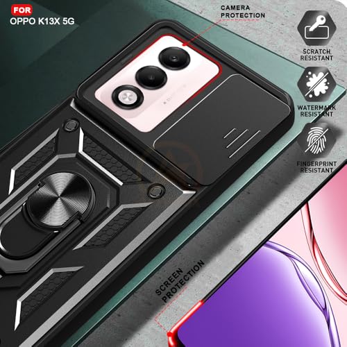 Image of Armor Bumper Back Cover Case for Oppo K13X 5G Rotating Camera Cover, Ring Holder & Kickstand | Heavy Duty & 360 Degree Protection Oppo K13X 5G Back Cover (Black)