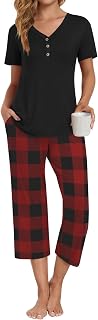 Anyally Women's Pajama Set Summer Ladies Pjs Sets Short Sleeve Top and Capri Pants 2 Piece Lounge Sleepwear with Pockets