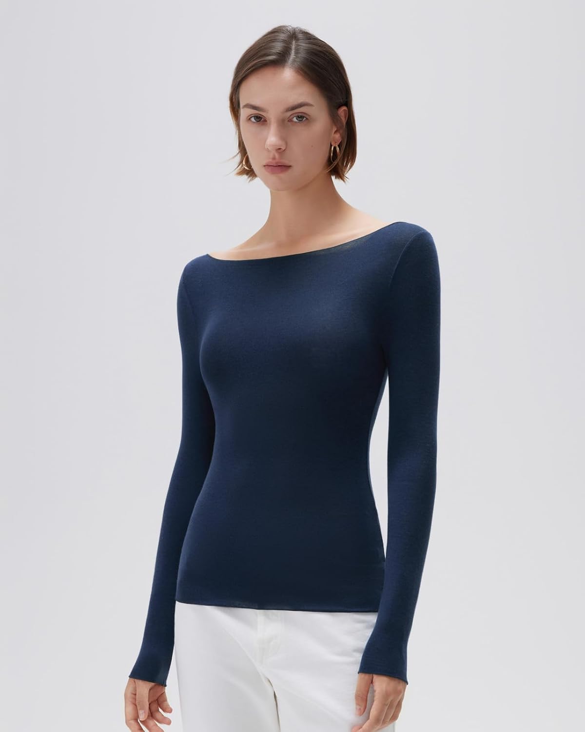 SUUKSESS Cloud Cashmere Women Boat Neck Fitted Long Sleeve Shirt Basic Knit Tops - Image 5