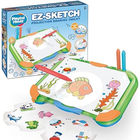 Playful Minds EZ Sketch Projector Drawing Tablet, 24 Piece – Trace and Color Light Up Projection for Tracing and Sketching – Includes 64 Traceable Cartoon Characters, 6 Markers Cover