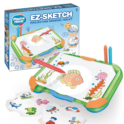Playful Minds EZ Sketch Projector Drawing Tablet, 24 Piece â€“ Trace and Color Light Up Projection for Tracing and Sketching â€“ Includes 64 Traceable Cartoon Characters, 6 Markers