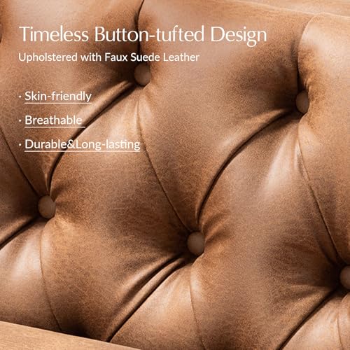 HULALA HOME 84" W Faux Leather Sofa Couch with Metal Legs, Button-Tufted 3-Seater Sofa, Mid Century Modern Upholstered Couch for Living Room, Entertainment Area, Apartment,Camel - Thumbnail 3