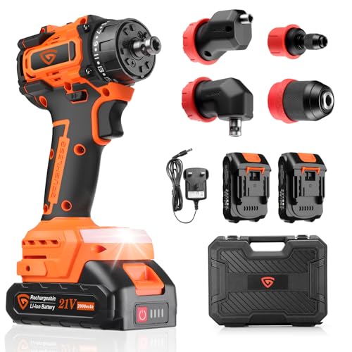 GEARLASSO 21V Brushless Cordless Drill Driver Kit, 5-in-1 Multi-Head System with 2000mAH Batteries and Charger, Right Angle Adapter, Offset Head, 3-Jaw Chuck, Extension Head