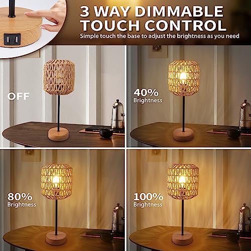Hymela Boho Rattan Table Lamp Natural Style, Touch Control Bedside Lamp With Handmade Woven Shade, Dimmable Wood Farmhouse Nightstand Lamp With Usb Port For Bedroom Living Room(Bulb Included) #TOP2