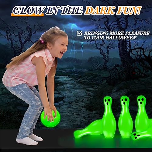 Libima 12 Pcs Glowing Bowling Set Halloween Bowling Pins Glow in The Dark Bowling Kit Toy Game Set with 10 Pins and 2 Balls Bowling Toy Set for Fun Family Party Lawn Yard Sports Games - Thumbnail 4