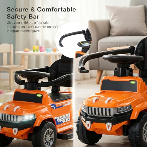 Image of Baybee Speedy Pro Baby Ride on Car for Kids with Parental Handle | Portable Kids Car with LED Lights, Music, Backrest & Basket | Toy Rideons Jeep | Toddler Push Baby Cars for 1 to 3 Years (Orange)