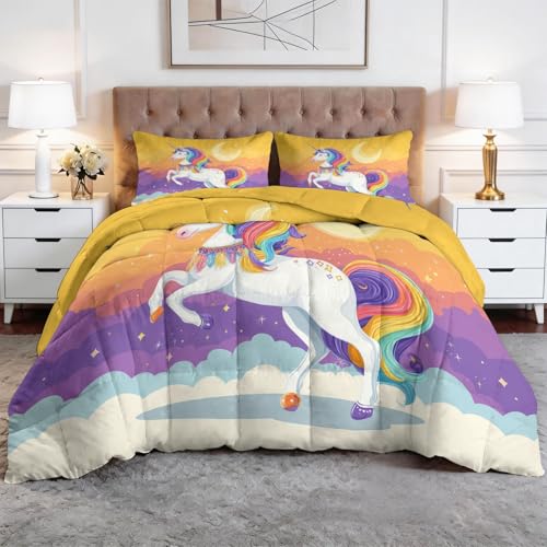 XCQHZYQ Edredón Nórdico Reversible Fantasia Cartoon Unicornio Arcoiris, Edredón Relleno Nórdico Cama 180 240x260 cm, 4 Estaciones Acolchado Estampado 3D Suave y Ligero con 2 Fundas de Almohada