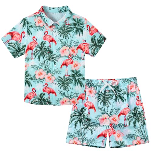 Image of UNICOMIDEA Boys Hawaiian Outfits Tropical Print Button Down Shirt + Swim Trunks 2 Piece Sets for 5-12T Kids