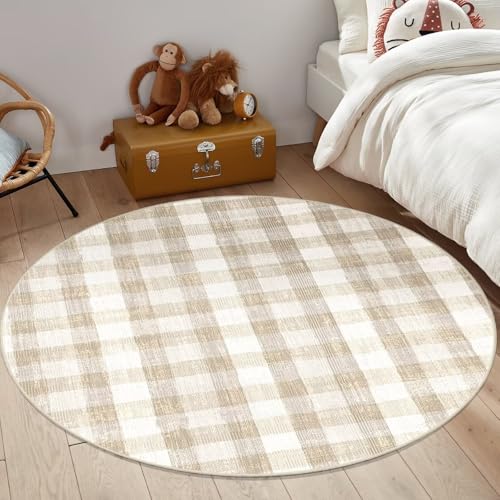 Image of Checkered Area Rug, 5 Ft, Round, Beige | Washable, Non Slip, Modern Neutral, For Living Room Bedroom Office Patio Dining Room