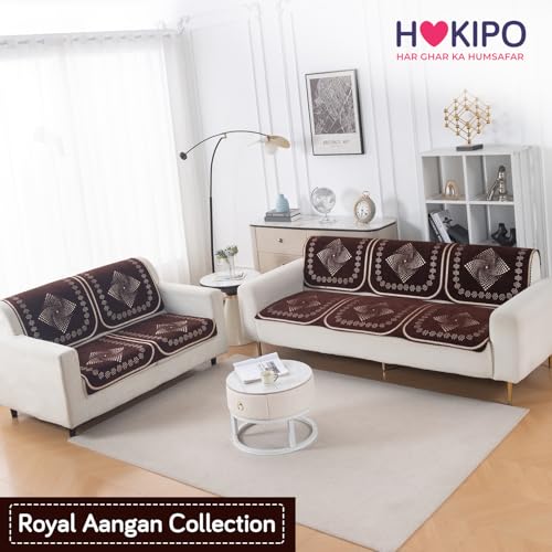 Image of HOKIPO Sheesh Brown Premium Chenille Jacquard Sofa Cover 5 Seater - (3+2) for Seat & Back | 'Royal Aangan Series' (IN-1008-L5*2 + IN-1007-L5*2)