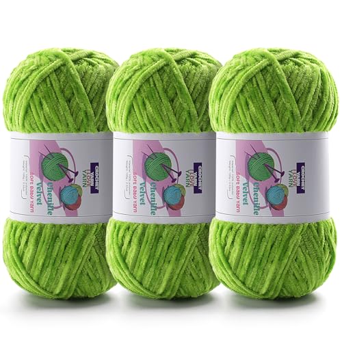 Image of 3 Skeins Soft Fluffy Velvet Yarn, Chenille Chunky Yarn for Hand Knitting and Crocheting DIY Craft, Amigurumi Crochet Yarn(3x196.8yds, 3x3.5oz) (Autumn Green)