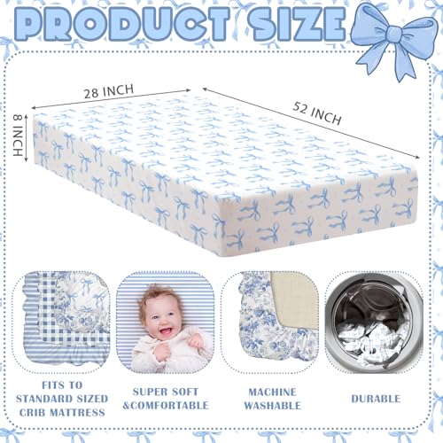 Image of Peryiter 4 Pack Crib Sheets Blue Bow Soft Baby Bed Sheet Set 52'' x 28 inch Nursery Crib Sheets for Standard Bed Toddler Mattress Nursery Decor Boys Girls Kids