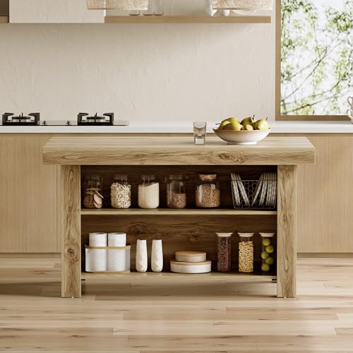 LITTLE TREE 55 Inches Kitchen Island with Storage, 3-Tier Farmhouse Wooden Stationary Island Table with Large Worktop & Leg Room, Modern Coffee Bar Table with Storage Shelf for Kitchen, Oak - Thumbnail 7