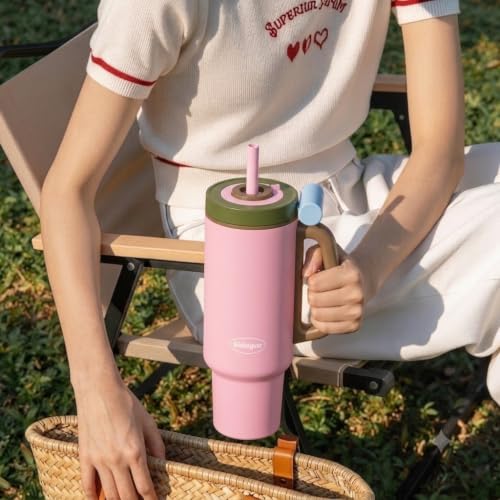 Sidagar Tumbler with Handle,36 oz Ceramic Lined Travel Mug Water Bottle with Straw,Vacuum Insulated Stainless Steel Cup with Lid,Fits Cup Holder, Leak Resistant Press-in Lid,Pink — view 3