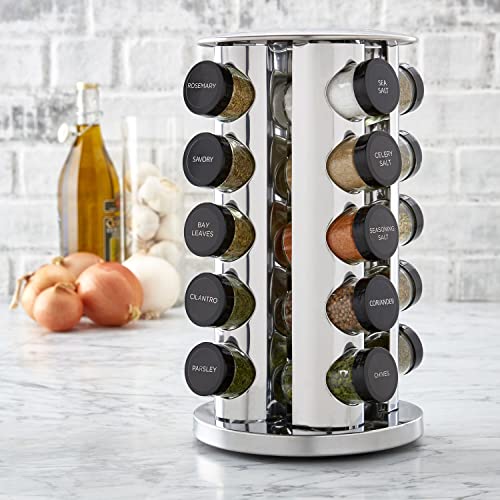 Kamenstein Revolving 20-Jar Countertop Rack Tower Organizer With Free Spice Refills For 5 Years, Polished Stainless Steel With Black Caps #TOP3