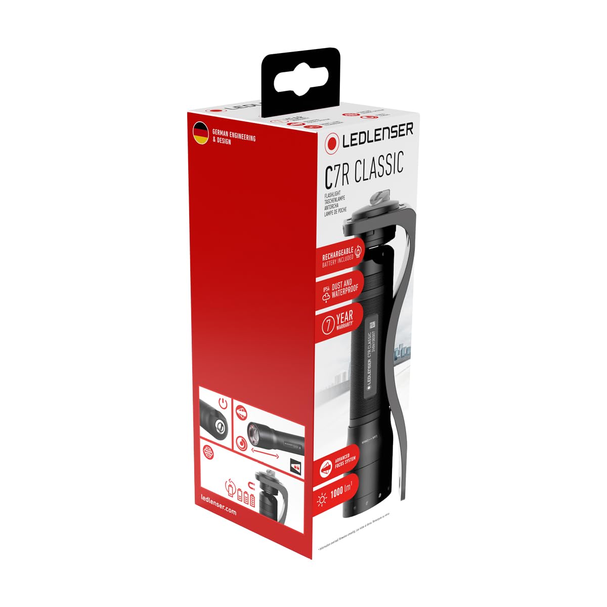 Ledlenser C7R Classic Rechargeable LED Torch, 1000lm, 210m Beam, IP54 | Hasta 40h de autonomía, enfoque ajustable, carga magnética, IP54, 210g, ideal para camping y trabajo