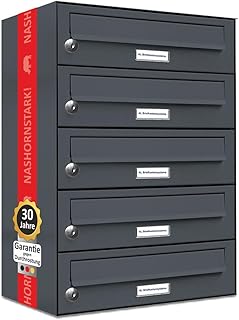 AL Briefkastensysteme 5er Briefkastenanlage Anthrazit Grau RAL 7016, Premium Briefkasten DIN A4, 5 Fach Postkasten modern Aufputz