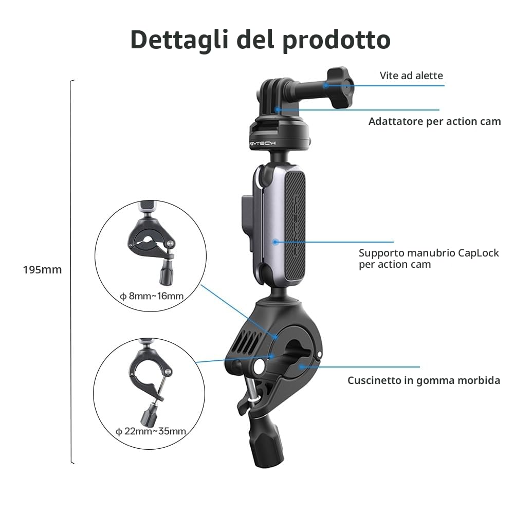 PGYTECH CapLock Supporto Bici Moto per ActionCam, Bracket Manubrio in Alluminio con Doppio Giunto a Sfera a 360°, Sgancio Rapido e Doppia Chiusura per GoPro, per DJI Osmo/Pocket, per Insta360