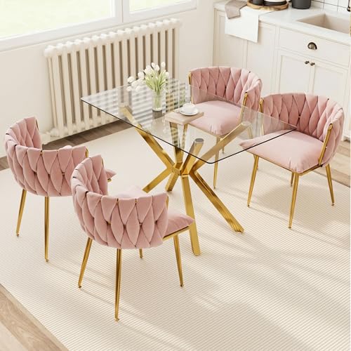 Image of Golden Glass Dining Table Set for 4 with 47.2 inch Rectangular Tempered Glass, 5 Pieces Kitchen Table Set with 4 Comfortable Velvet Chairs for Living Room, Apartments Small Place, Cafe (Pink Chairs)