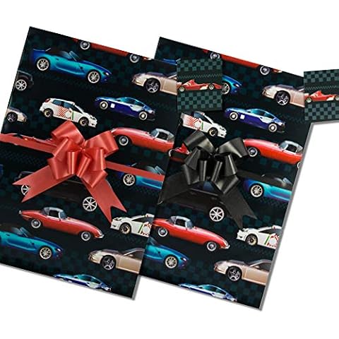 Dream Cars, Gift Wrap Pack, 2 Sheets, 2 Matching Tags and 2 Pull Bows, Black/Red, Arrives in an A4 Boarded Envelope for Protection, Men's Giftwrap, Car Fans, Teens Cover