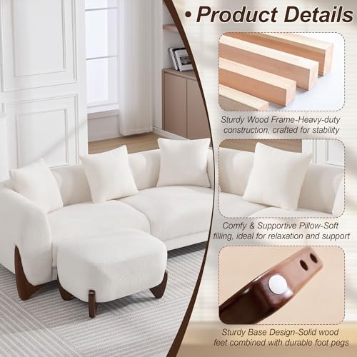 Image of 87 inch Sherpa Boucle Cloud Couch with Ottoman, Modern 3 Seater Sofa with Solid Wood Legs 25 inch Extra Deep Seat Comfy Thick Cushion Upholstered Sofa Couches with 3 Pillows for Living Room, White