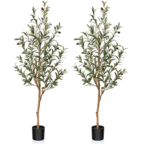 OAKRED Artificial Olive Tree, 4FT Tall Fake Silk Plants with Natural Wood Trunk Faux Potted Tree for...