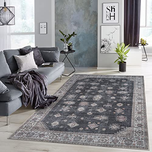 Adiva Rugs Machine Washable Area Rug With Non Slip Backing For Living Room, Bedroom, Bathroom, Kitchen, Printed Persian Vintage Home Decor, Floor Decoration Carpet Mat (Black, 5' X 7') #TOP2