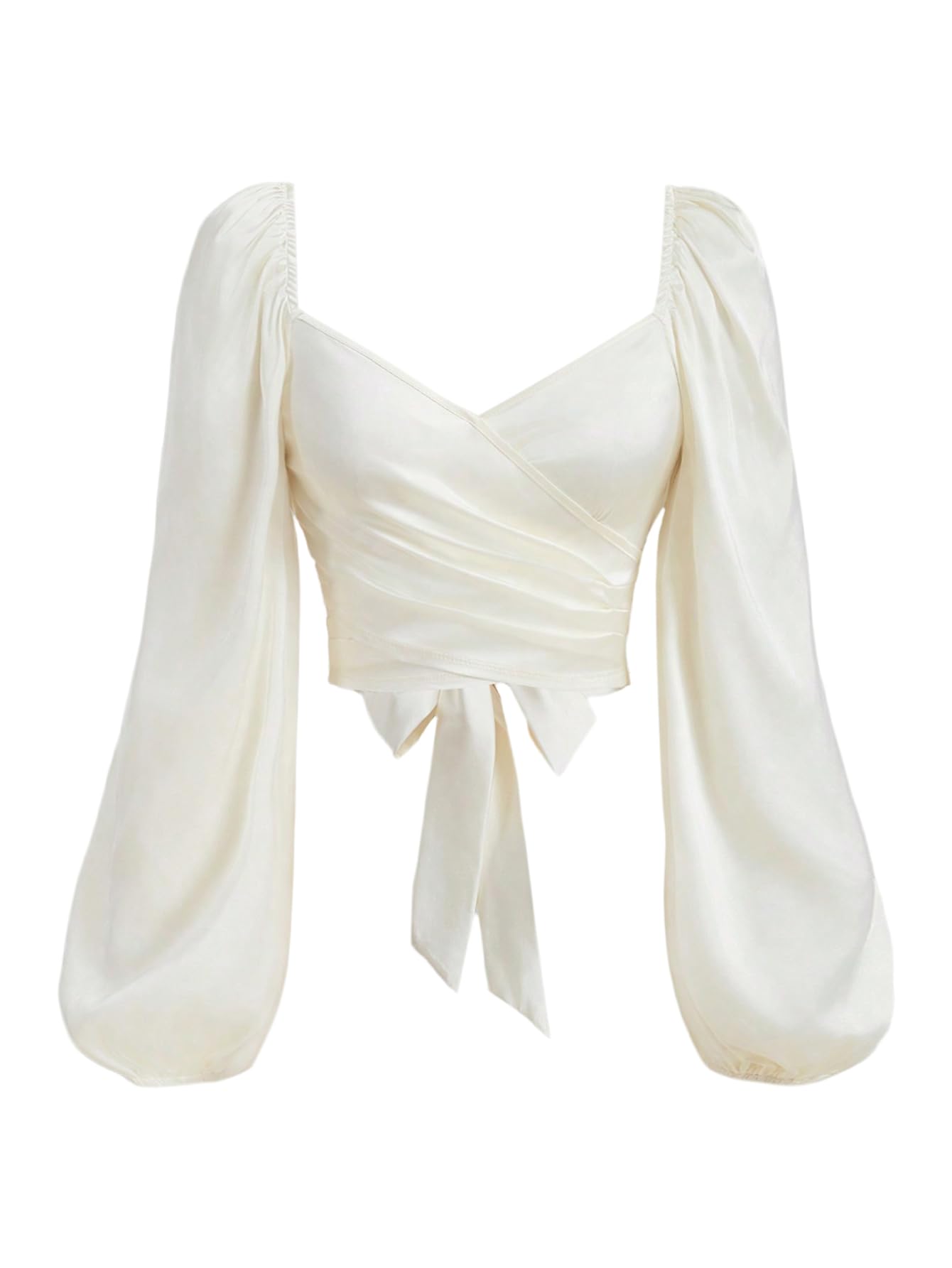 SOLY HUX Women's Lantern Long Sleeve Wrap Ruched Bow Tie Blouse Sweetheart Neck Satin Going Out Crop Tops
