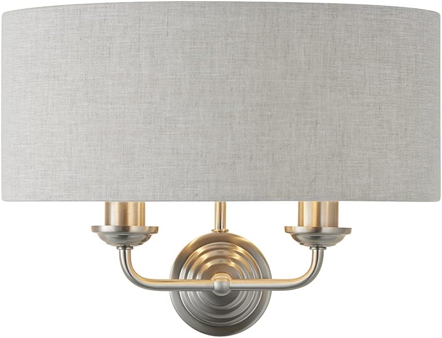 National Lighting Celeste Decorative Wall Light - Brushed Chrome 2 Way Multi Arm Wall Lamp with a Natural Coloured Fabric Shade - E14 Candle - Indoor Dimmable Light