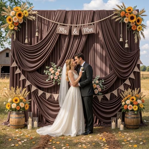 Image of 30ftx12ft Brown Backdrop Curtains for Parties, Wrinkle Free Polyester Brown Photo Backdrop Drapes 6 Panels 12 ft Long Back Drop Cloth for Wedding Birthday Photography Background Party