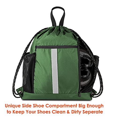 Image of BeeGreen Green Drawstring Bag Gym Cinch Backpack w Shoe Compartment and Two Side Pockets Machine Washable Sports Sinch Sack String Sackpack for Swim Equipment Beach Travel