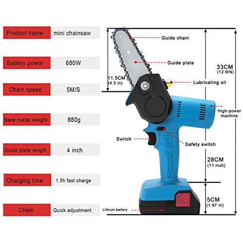 PANZHENG Upgrade Mini Chainsaw 4-Inch Cordless Electric Hand Chain Saw with Higher Power Motor Chainsaw for Tree Branch Wood Cutting - blue 680w (2 Batteries 2 Guide Bars and 2 Chains)