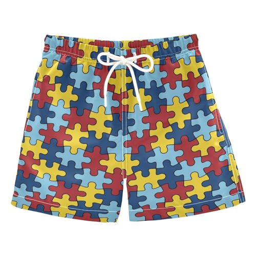 XUWU Boys Swim Suit Little Boys Swim Trunks Toddler Beach Board Shorts, Autism Awareness Colorful Puzzle Piece Bathing Suit with Mesh Lining Medium, 8 Years
