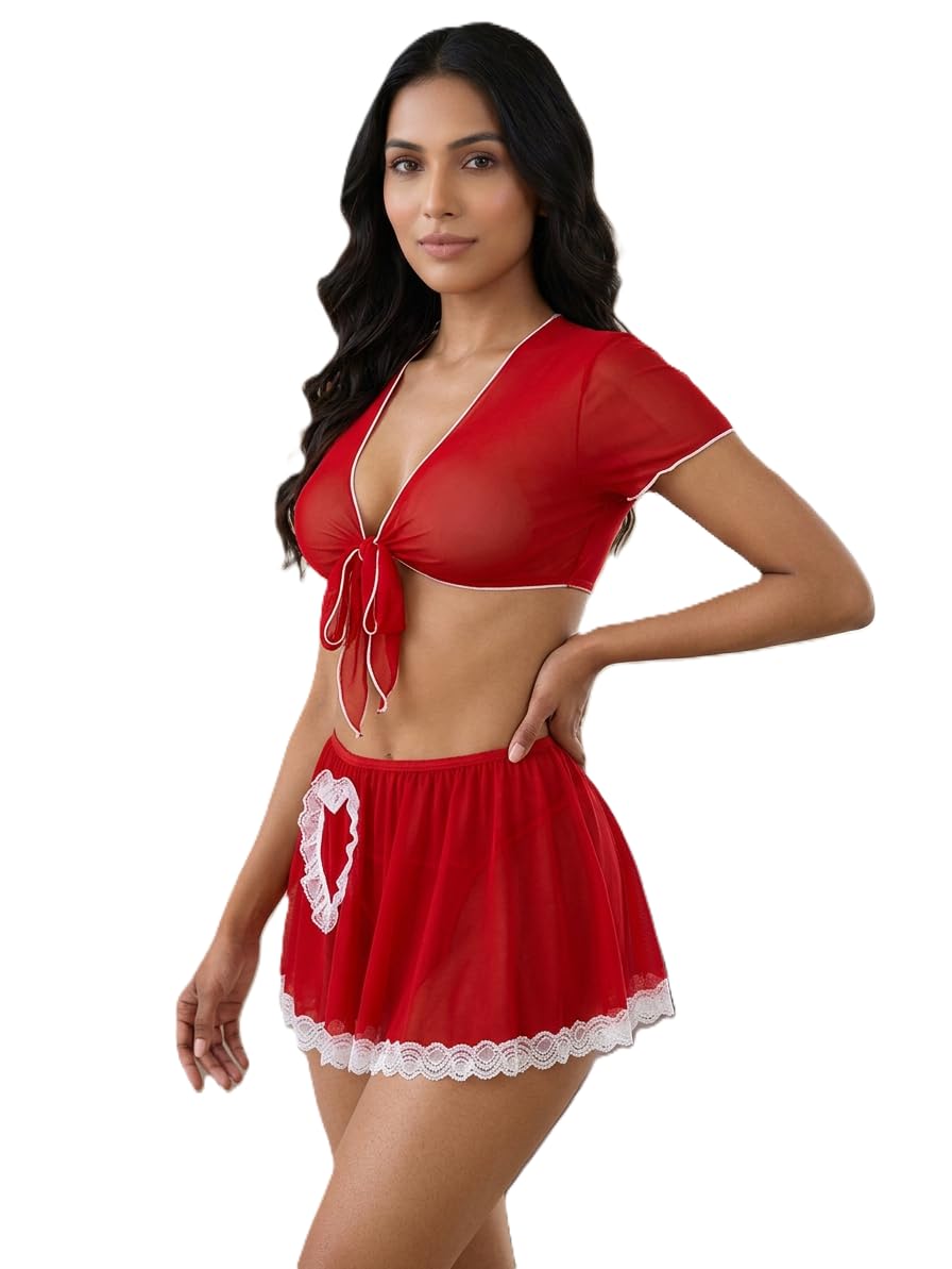 Women Sexy Lingerie Set Sheer Mesh Tie Front Crop Top with Mini Skirt Romantic Honeymoon Bridal Nightwear See Through Babydoll Lingerie Wedding Night Valentine's Sleepwear Red-picture-19