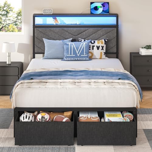 HISOFT Twin Bed Frame with Charging Station, LED Lights & 2 Stora...