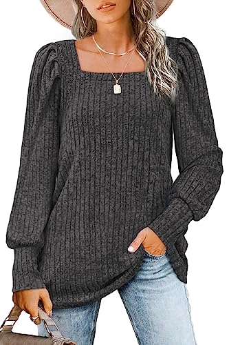 Image of WIHOLL Long Sleeve Shirts for Women Trendy Casual Square Neck Tops Lightweight Sweaters