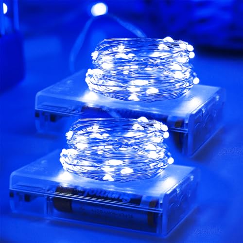 YAOZHOU Christmas Decorations Blue Fairy String Lights Battery Operated with Timer 2 Pack Total 33FT 100 Led Mini Battery Powered Mason Jar Waterproof Firefly Lights DIY Party