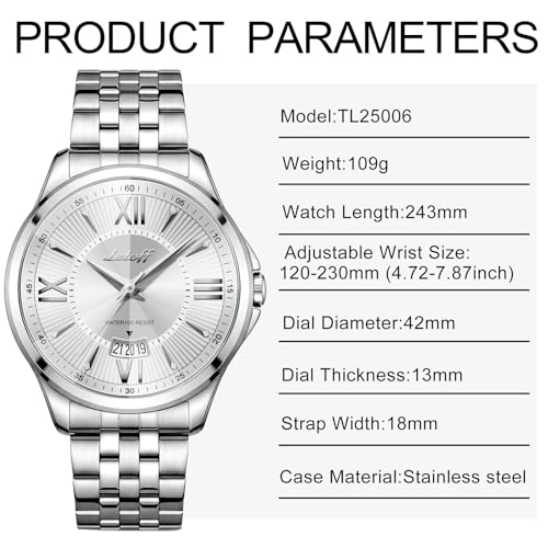Image of Letoff Men's Analog Watch,Tool-Free Adjustable Clasp, Water Resistant 100ft, Roman Numeral Dial, Stainless Steel Case & Strap, Perfect for Business & Casual Wear