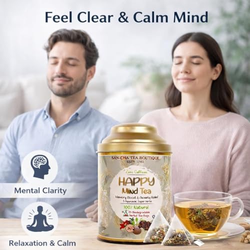 Image of Sancha Tea Boutique, Happy Mind Herbal Infusion, 25 Pyramid Tea Bags | Ayurvedic Blend with Brahmi, Shankhpushpi, Ashwagandha & Rose | Caffeine-Free Relaxation Tea in Double Lid Tin Caddy