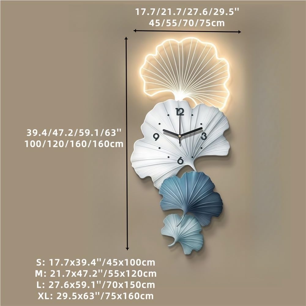 Orologio da parete con luci a LED, design elegante con foglie per soggiorno e camera da letto, decorazione da parete per corridoio e ingresso