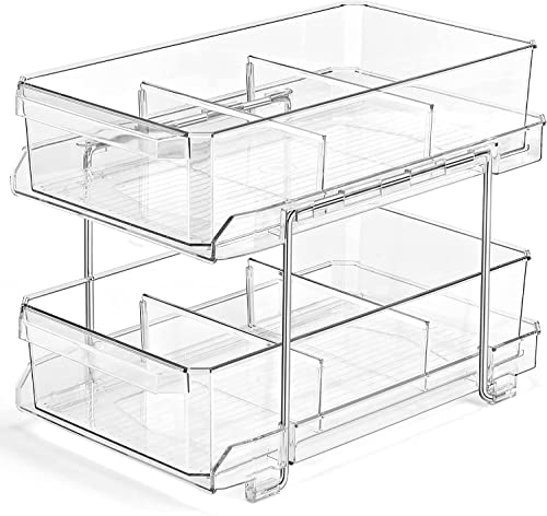 MIXDE 2 Tier Clear Organizer with Dividers Multi-Purpose Slide-Out Storage Container Bathroom Vanity Counter Organizing Tray Under Sink Closet Organization Kitchen Pantry Storage Bins