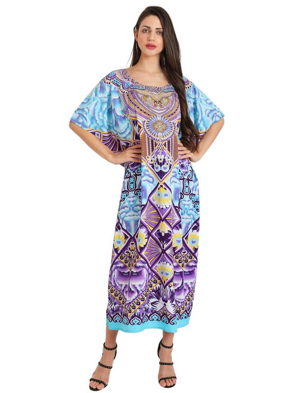 Image of Miss Lavish London Swimwear Cover ups Kaftan Dresses for Women Ethnic Print V Neck, Beach Coverups Plus Size, Side Slit & Pockets on Both Sides, Womens Beach Resort Wear-Purple-M