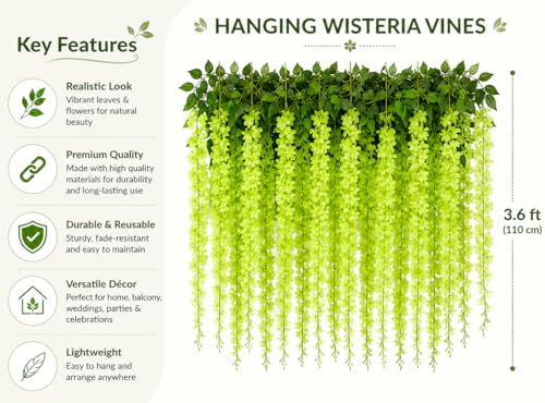 Image of Tia Crafts Polyester Artificial Hanging Flowers for Ceiling Balcony | Wisteria Vine | Home Party Decor Garden Outdoor Greenery Office Wall Decoration | Waterproof Washable - 3.7ft /45 inch (12, Green)