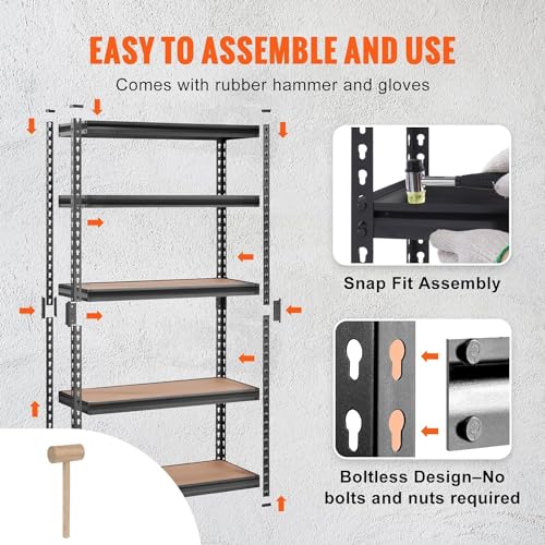 Image of Adjustable 6-Shelf Metal Storage Rack | Heavy-Duty Steel Boltless Rivet Utility Shelving Unit for Garage, Kitchen & Office | 62 Inches Height (62 x 24 x 12 in) - Black