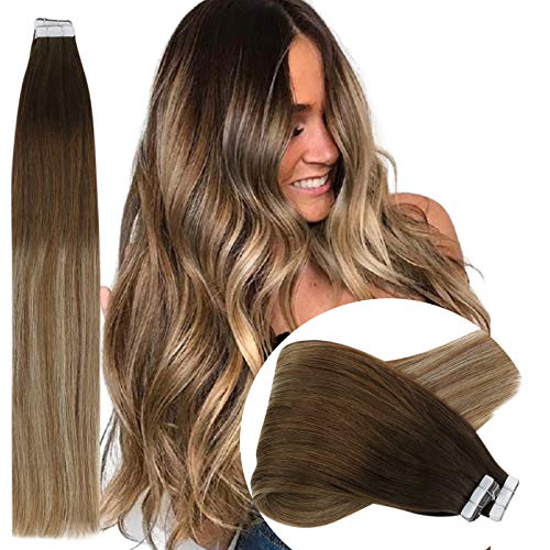 Sunny Human Hair Extensions Tape in Ombre 18inch Adhesive Tape on Hair Extensions Balayage Ombre Dark Brown to Medium Brown with Blonde 20pcs 50g