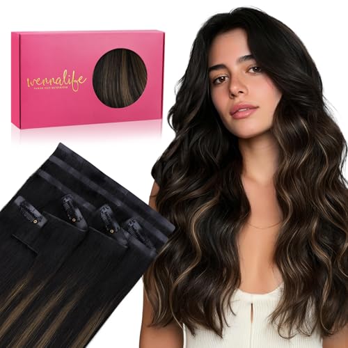 Image of WENNALIFE Invisi Edge & Classic Seamless Clip in Hair Extensions Real Human Hair, 22 Inch 150g 7pcs Balayage Natural Black to Chestnut Brown Hair Extensions for Women Invisible Straight Injection Exte