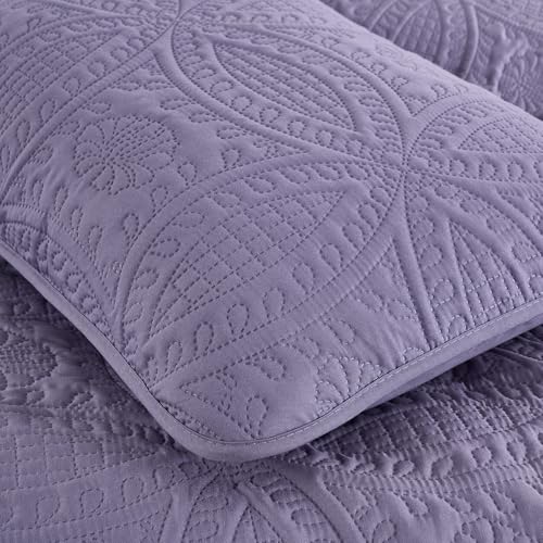 Image of Chezmoi Collection Austin Queen Oversized Bedspread Set, 3-Piece Pinsonic Quilted Lightweight Microfiber Bedspread Coverlet, Dusty Purple