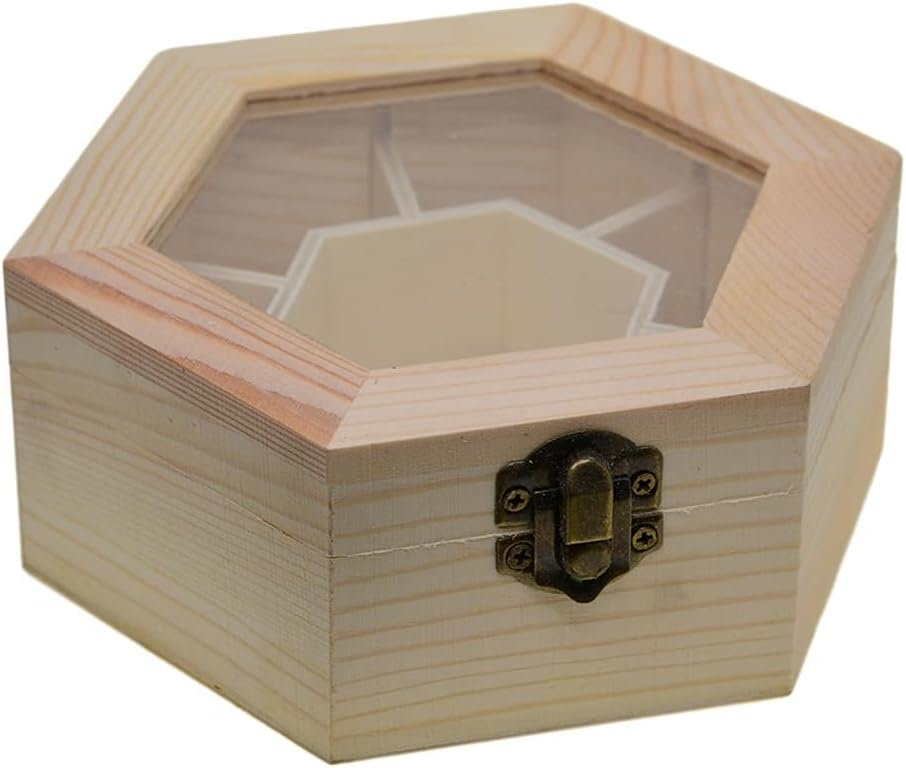 Plain Wooden Jewellery Crafts Storage Box With Glass Lid and Lock Hexagon Shaped Chest Collection