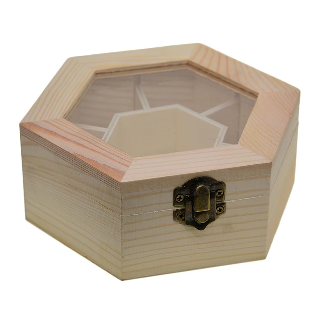 Boîte de rangement de bijoux en bois uni hexagonal avec couvercle en verre